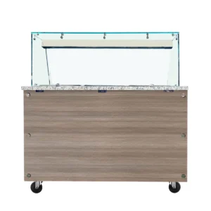 SNACK-Line Bain-Marie Theke 3x GN1/1, Granit rosa-grau, 123x82x85,5 Glasaufbau Klarglas mit Zwischenablage, H=496mm