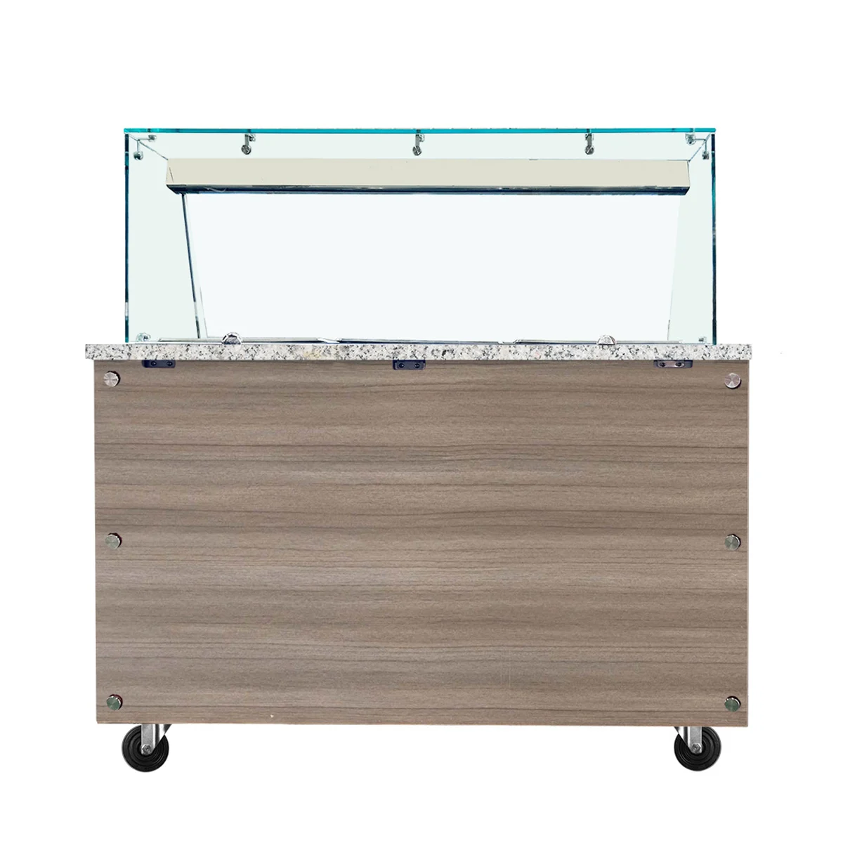 SNACK-Line Bain-Marie Theke 3x GN1/1, Granit rosa-grau, 123x82x85,5 Glasaufbau Klarglas mit Zwischenablage, H=496mm