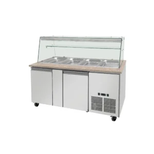 SNACK-Line Bain-Marie Theke 4x GN1/1, Granit rosa-grau, 153x82x85,5 Glasaufbau Klarglas mit Zwischenablage, H=496mm