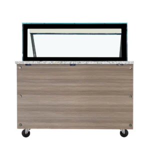 SNACK-Line Bain-Marie Theke 4x GN1/1, Granit rosa-grau, 153x82x85,5 Glasaufbau Klarglas schwarzer Rand, ohne Zwischenablage, H=396mm