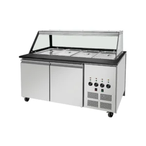 SNACK-Line Bain-Marie Theke 4x GN1/1, Granit Star Galaxy schwarz, 153x82x85,5 Glasaufbau Klarglas schwarzer Rand, ohne Zwischenablage, H=396mm