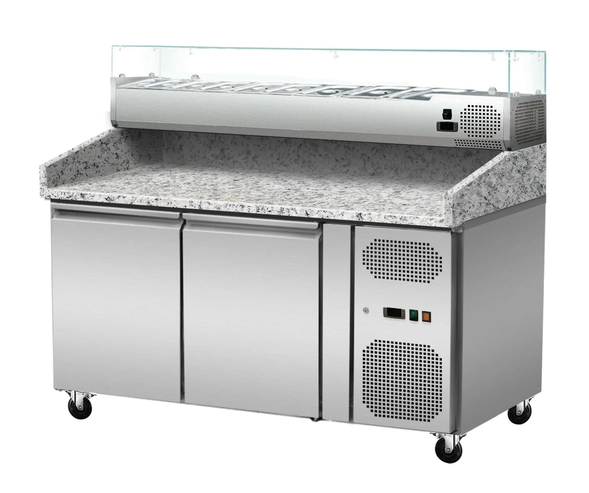 Pizza Kühltisch, Granit rosa-grau, 2 Türen, 151 x 80 Kühlaufsatz GN1/4 mit Glas - Image 9