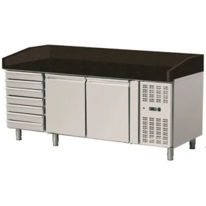 Pizza Kühltisch, Granit Star Galaxy schwarz, 2 Türen 7 ungek. Schubladen, 203x80