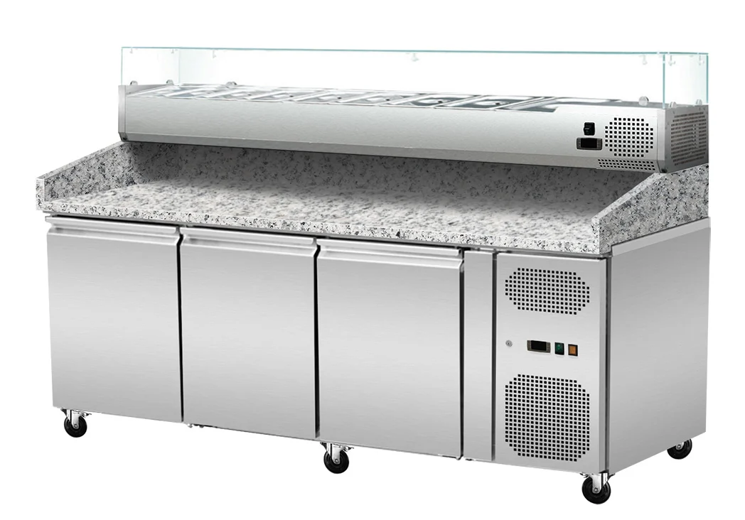 Pizza Kühltisch, Granit rosa-grau, 3 Türen, 203 x 80 Kühlaufsatz GN1/3 mit Glas - Image 2