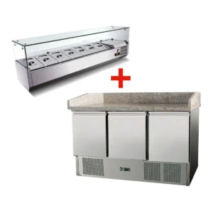 Pizzatisch 3 Türen, mit Unterbaukühlung, 140 x 70 Kühlaufsatz GN1/3 mit Glas