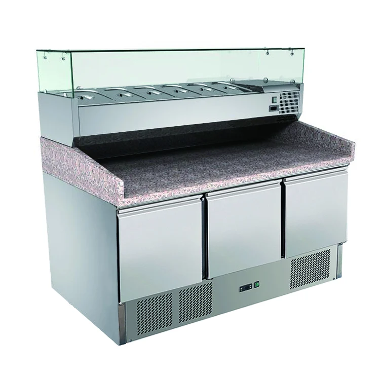 Pizzatisch 3 Türen, mit Unterbaukühlung, 140 x 70 Kühlaufsatz GN1/3 mit Glas - Image 2