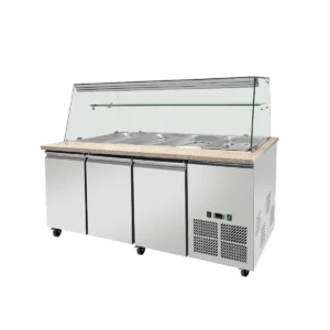 SNACK-Line, Kalte Theke, 5x GN1/1, Granit rosa-grau, 188x82x85.5 Glasaufbau Klarglas mit Zwischenablage, H=496mm