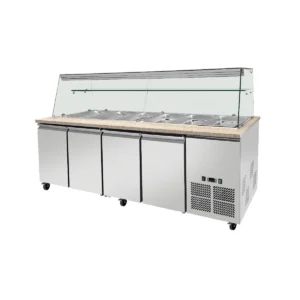 SNACK-Line, Kalte Theke, 6x GN1/1, Granit rosa-grau, 223x82x85.5 Glasaufbau Klarglas mit Zwischenablage, H=496mm